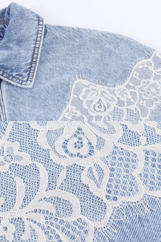 Lace Detail Cropped Denim Jacket in Light Wash