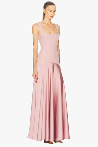 Square Neck Fitted Bodice Long Dress with Flared Satin Skirt