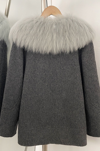 Luxury Wool Blend Coat with Wide Faux Fur Shawl Collar