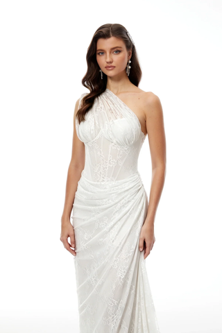One-Shoulder Lace Long Dress with Sculpted Corset Fit