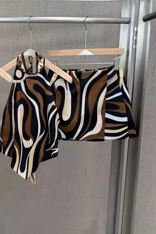 Abstract Swirl Print Satin Halter Top & High-Waisted Mini Skirt Set