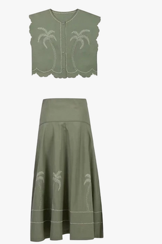 Scallop Cap Sleeve Embroidered Cropped Top & High Waist A-Line Midi Skirt Set