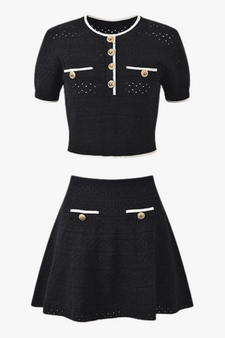 Contrast Trim Knit Two-Piece Set – Short Sleeve Top & Flared Mini Skirt