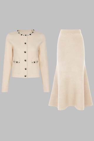 Embellished Pearl and Rhinestone Knit Cardigan with Matching Flared Midi Skirt Set
