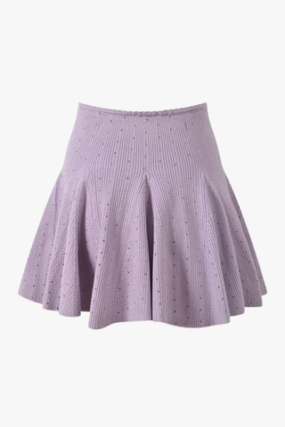 Ribbed Knit Top & Skater Skirt Set – Rhinestone Embellishments, Scalloped Trim & Flared Mini Skirt