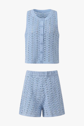 Sleeveless Pearl Embellished Open-Knit Vest & Shorts Set
