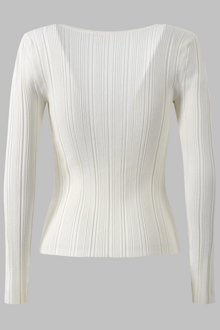 Ribbed Elastic Slim Fit U-Neck Long Sleeve Top with Rhinestone Trim