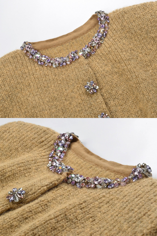 Short Knit Cardigan with Jewel-Embellished Round Neck and Buttons