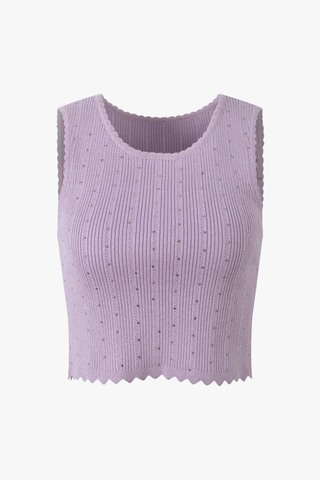 Ribbed Knit Top & Skater Skirt Set – Rhinestone Embellishments, Scalloped Trim & Flared Mini Skirt