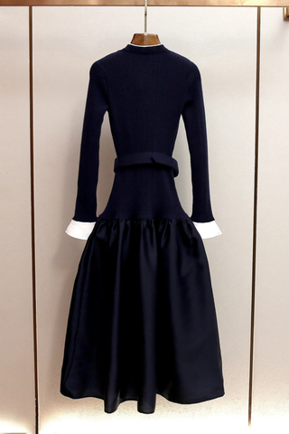 Long-Sleeve Knit Top With Belted Waist & Satin Maxi Skirt Design