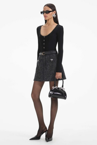 Ribbed Elastic Slim Fit U-Neck Long Sleeve Top with Rhinestone Trim