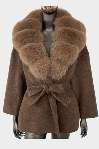 Faux Fur Collar Long-Sleeve Wool Coat – Tie Belt & Oversized Collar