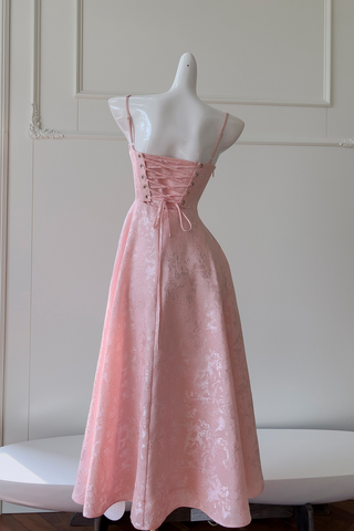 Blossom Pink Floral Jacquard Corset Long Dress with Lace Up Back and Pleated Bust