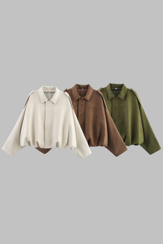 Oversized Faux Suede Jacket with Shoulder Flap Detail and Elastic Hem