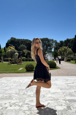 Navy Beaded Hollow Crochet Knit Mini Dress with Crystal Embellishments and Square Neckline