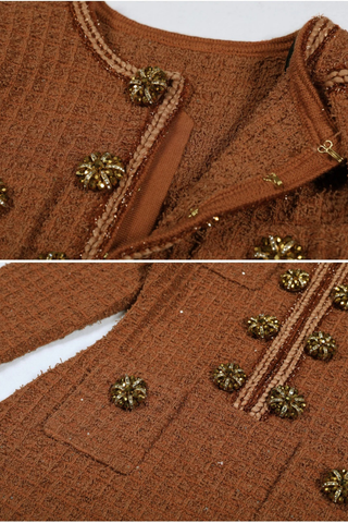 Embellished Tweed Long Sleeve Midi Dress with Jewel Buttons