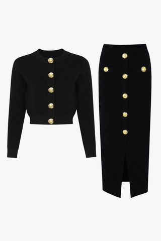 Textured Knit Button Cardigan & Midi Skirt Set