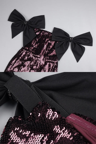Sequin Bow Off-Shoulder Long Dress – Fitted Evening Gown