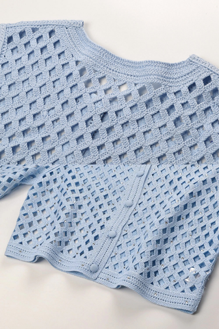Embellished Open-Knit Cropped Cardigan with Elbow-Length Balloon Sleeves