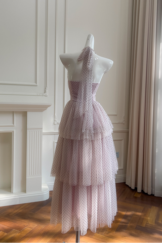 Blush Polka Dot Halter Dress with Tiered Mesh Skirt