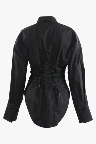 Long Sleeve Corset Waist Button-Up Shirt Dress with Adjustable Lace-Up Design