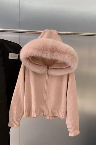 Knitted Hooded Zip Jacket with Faux Fur Trim