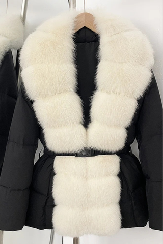 Belted Puffer Jacket with Faux Fox Fur Collar and Front Panel