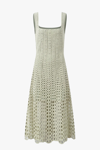 Crochet Knit Midi Dress with Crystal Embellishments & Sleeveless Square Neck Design