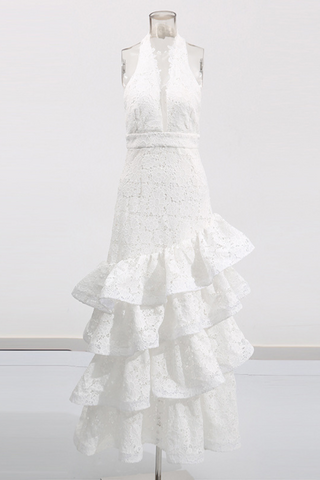 Ivory Bloom Lace Halter Tiered Backless Ruffled  Long Dress