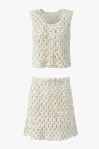 Sleeveless Pearl Floral Knit Top & Mini Skirt Set