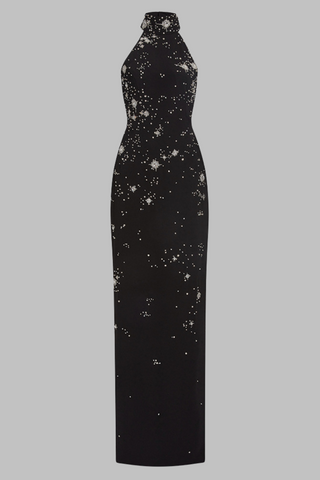 Crystal Starburst Halter Long Dress with Side Slit and High Neck Embellishment