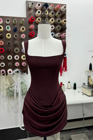 Draped Corset Mini Dress – Square Neck Satin Ruched Bodycon Dress