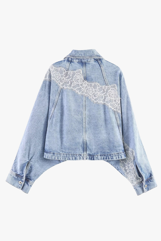 Lace Detail Cropped Denim Jacket in Light Wash