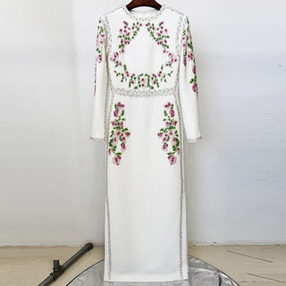 Floral Beaded Long Sleeve Long Dress with Crystal Embellishment