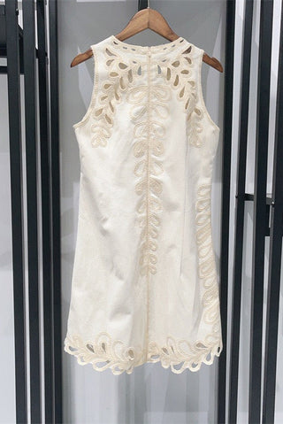 Cutout Embroidered Mini Dress – Sleeveless Design, Scalloped Hem & Classic Fit