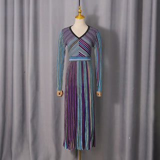 Metallic Striped Knit Maxi Dress with V-Neck and Long Sleeves