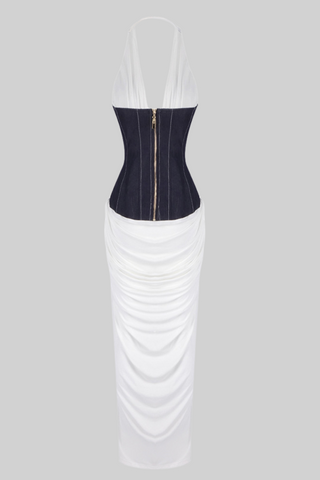 Halter Neck White Pleated Long Dress with Denim Corset Waist