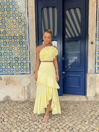 Strapless Lace Appliqué Crop Top & Tiered Asymmetric Long Skirt Set
