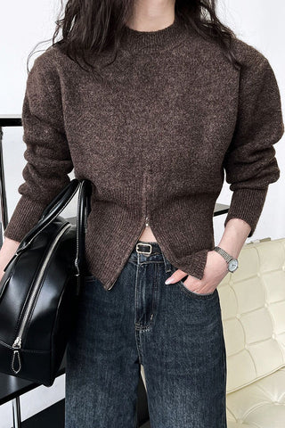Zip-Front Knit Top – Long Sleeves, Cropped Fit, Waist-Shaping Design