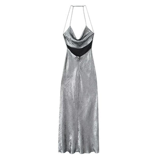 Silver Sleeveless Backless Silk Satin Long Dress