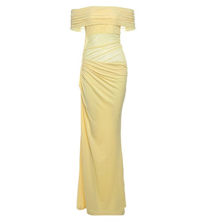 Off-Shoulder Ruched Mesh Cut-Out Long Dress