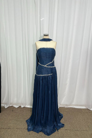 Crystal Trim Draped Scarf Long Dress