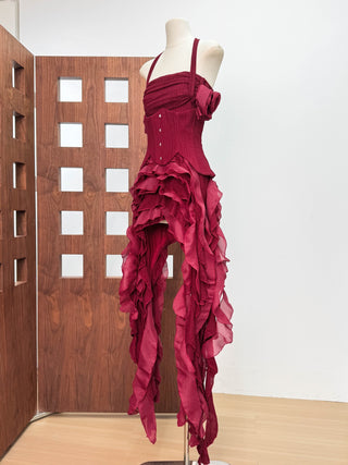 Corset Halter Asymmetric Ruffle Long Dress with Lace-Up Back