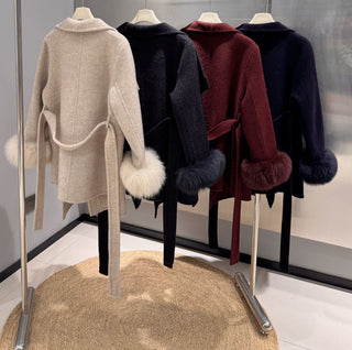 Wrap Belted Wool-Blend Jacket with Fur Cuffs