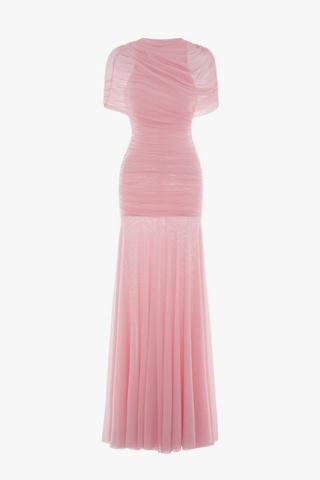 Ruched Off-Shoulder Long Dress – Draped Top & Flowing Skirt