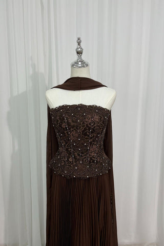 Strapless Sleeveless Beaded Lace Corset Pleated Long Dress with Draped Scarf