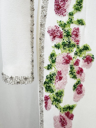 Floral Beaded Long Sleeve Long Dress with Crystal Embellishment