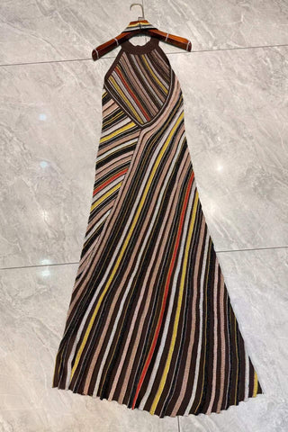 Halter Neck Open-Back Striped Knit Long Evening Dress