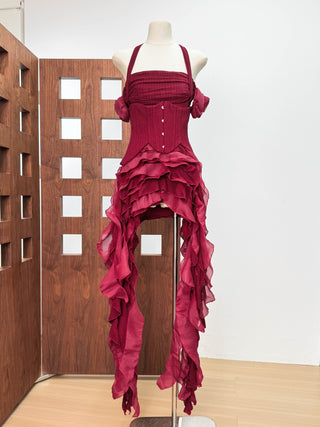Corset Halter Asymmetric Ruffle Long Dress with Lace-Up Back