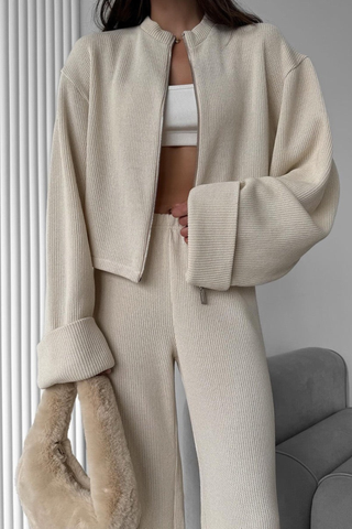 Ribbed Long Sleeve Zip Jacket & Relaxed Pants Co-Ord Set